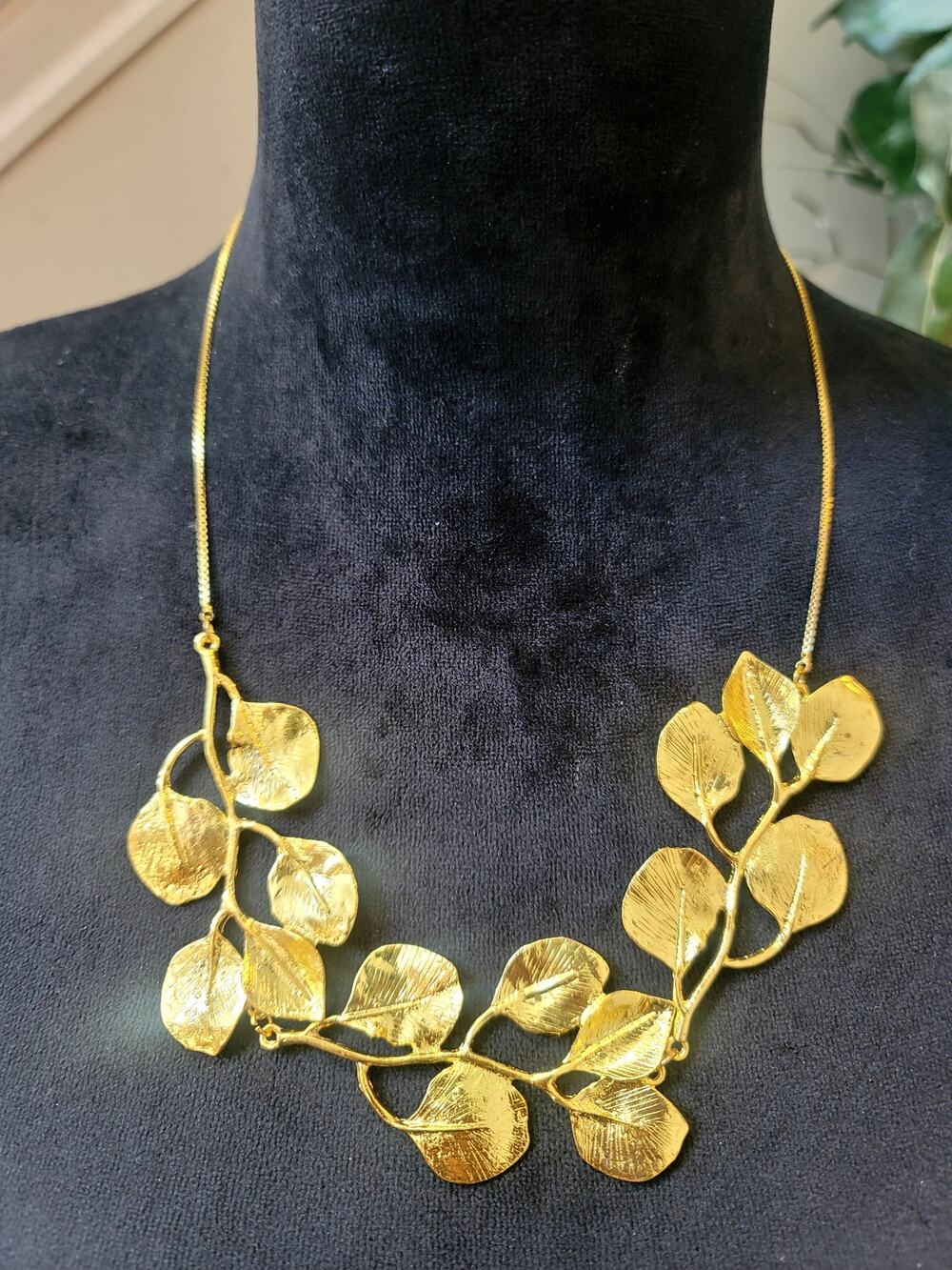 Gold Tone Leaf Branch Statement Necklace Nature Inspired Botanical Bib Collar